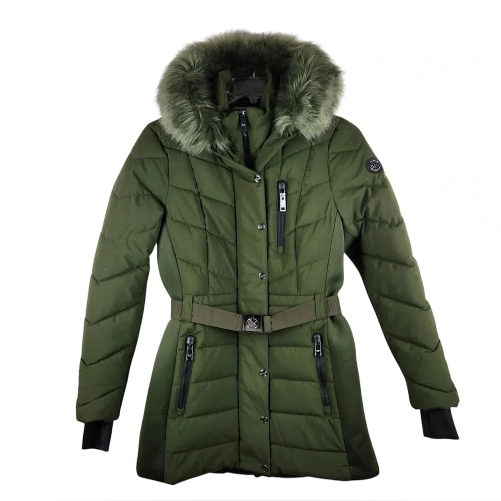 Michael Kors Womens Hooded Puffer Jacket with Faux Fur Trim and Belt
